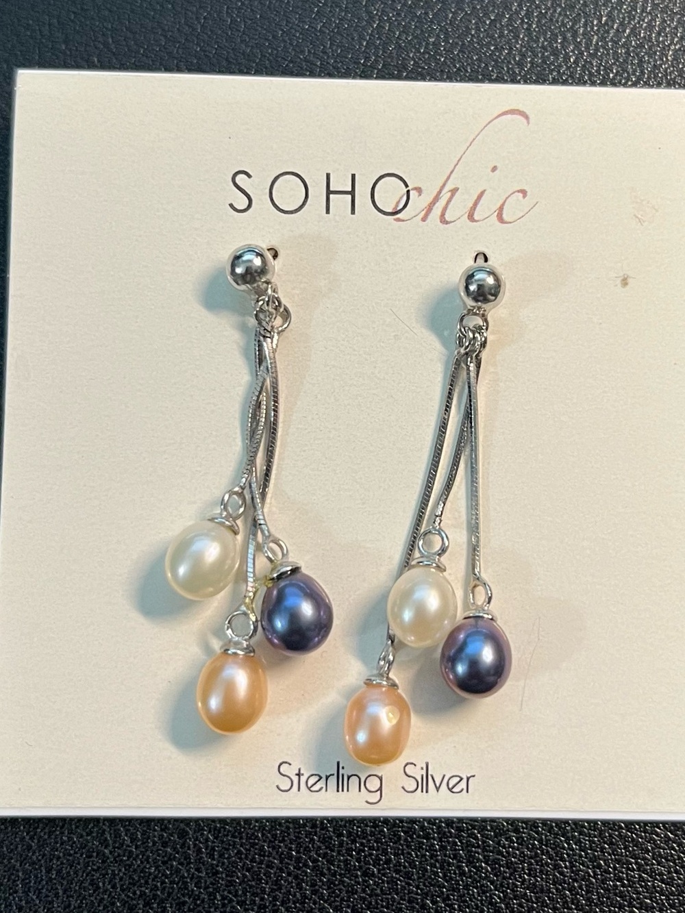 Sterling Silver Multi-Pearl Drop Earrings - White, Peach, Navy